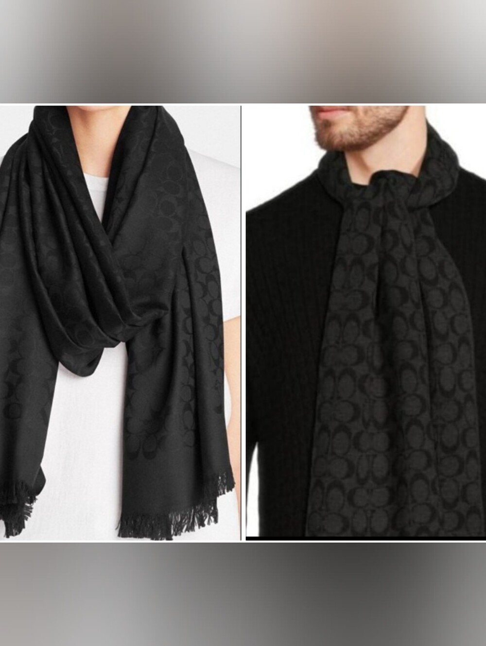 NWT Authentic Coach Big Signature C Silk Cotton Blend Stole Scarf Black 39578